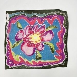 Vintage Silk Scarf Hand Rolled Square Floral Flower Multicolor